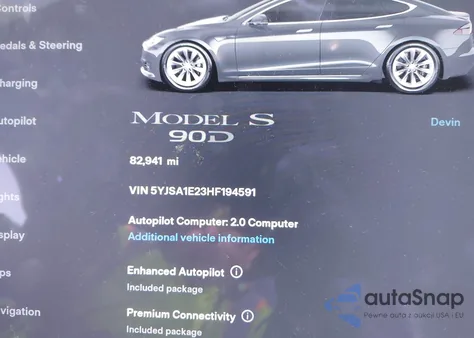 2017 Tesla Model S 100D/60D/75D/90D/P100D z USA, uszkodzony, nr VIN 5YJSA1E23HF194591